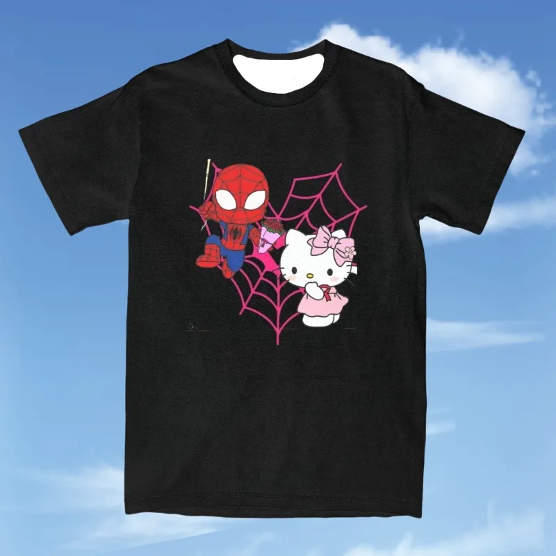 

MOTO-Hello Kitty Spider Man cartoon 3D printed women's beach retro short sleeved O-neck T-shirt casual couple top