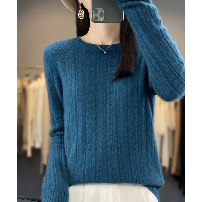 Spring Autumn Women 100% Merino Wool Sweater O-neck Wheat Ear Pattern Hollow Out Pullover Casual Knit Soft Bottoming Top