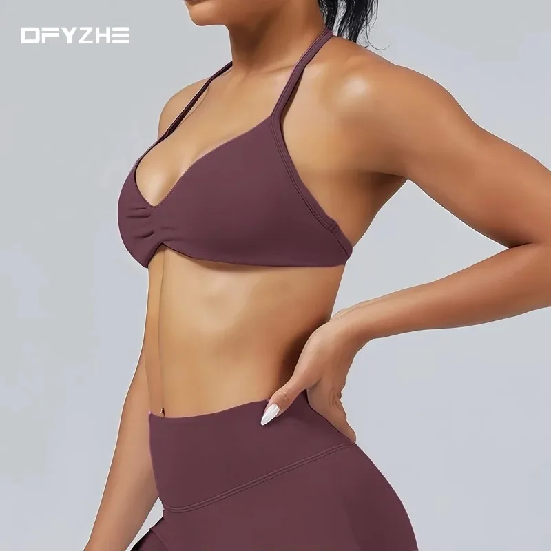 

Женский спортивный бюстгальтер DFYZHE с лямками на спине, без спинки, пуш-ап, с эффектом сборки, топ-халтер для йоги, со съемными вкладышами, для тренировок в зале, фитнеса, атлетический бюстгальтер
