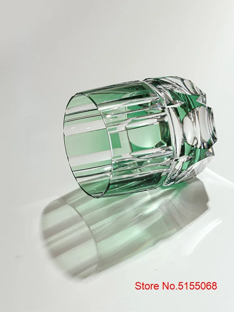Edo Kiriko Crystal Rock Glass, Hand Carving, Green Bamboo Liquor Wine Tumbler, Top Grade Whiskey Cup, Japan Style, KAGAMI Design 3