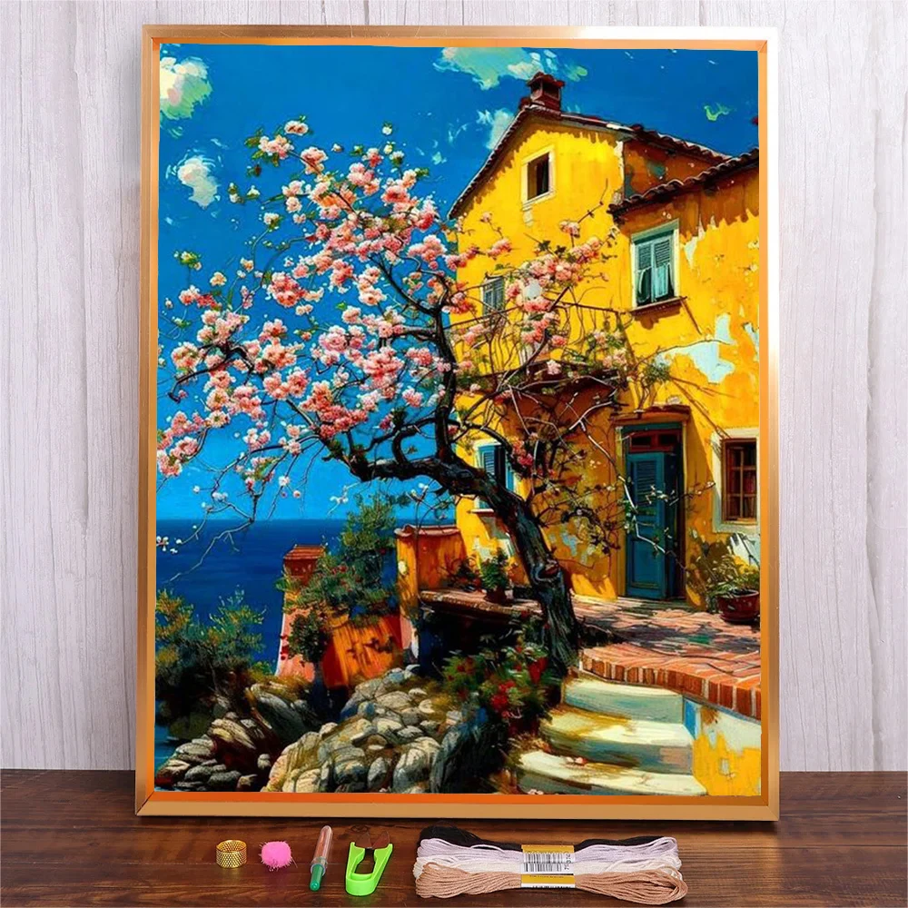 

DIY Flower Tree House Pattern Cross Stitch Kit 11CT Full Scenery Canvas Printed Fabric Full Thread Embroidery Needlework Set