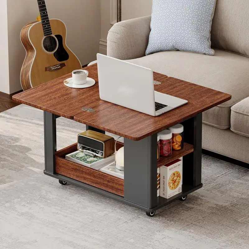 Modern Multi-Function Coffee Table with Foldable Top & Wheels, Multi-Tier Storage, Black & Walnut Finish