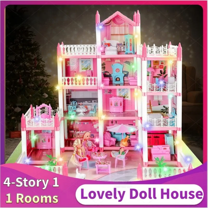 3D DIY Dream Princess Castle Villa Assembly Doll House Set Toy Lovely Doll House Children's Music Doll House Assembly Villa Hous