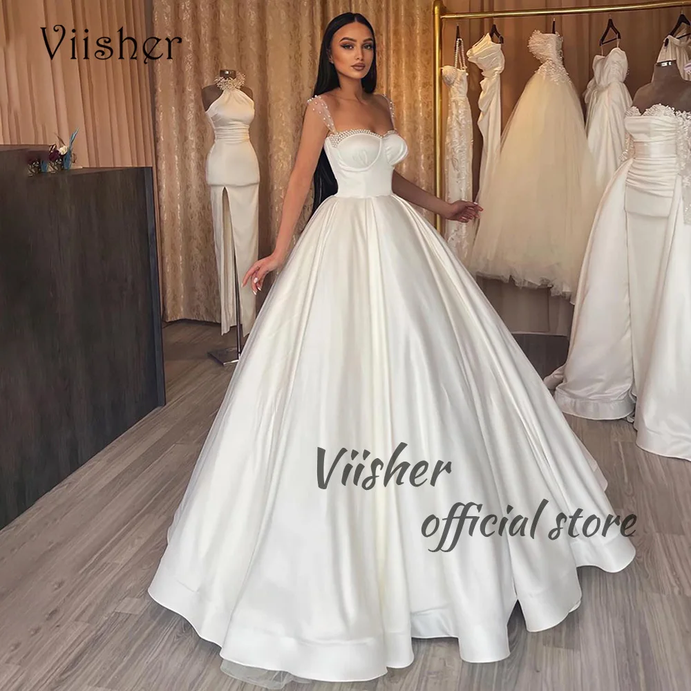 

Viisher Ivory Satin A Line Princess Wedding Dresses Pearls Sweetheart Spaghetti Straps Bridal Gowns with Train