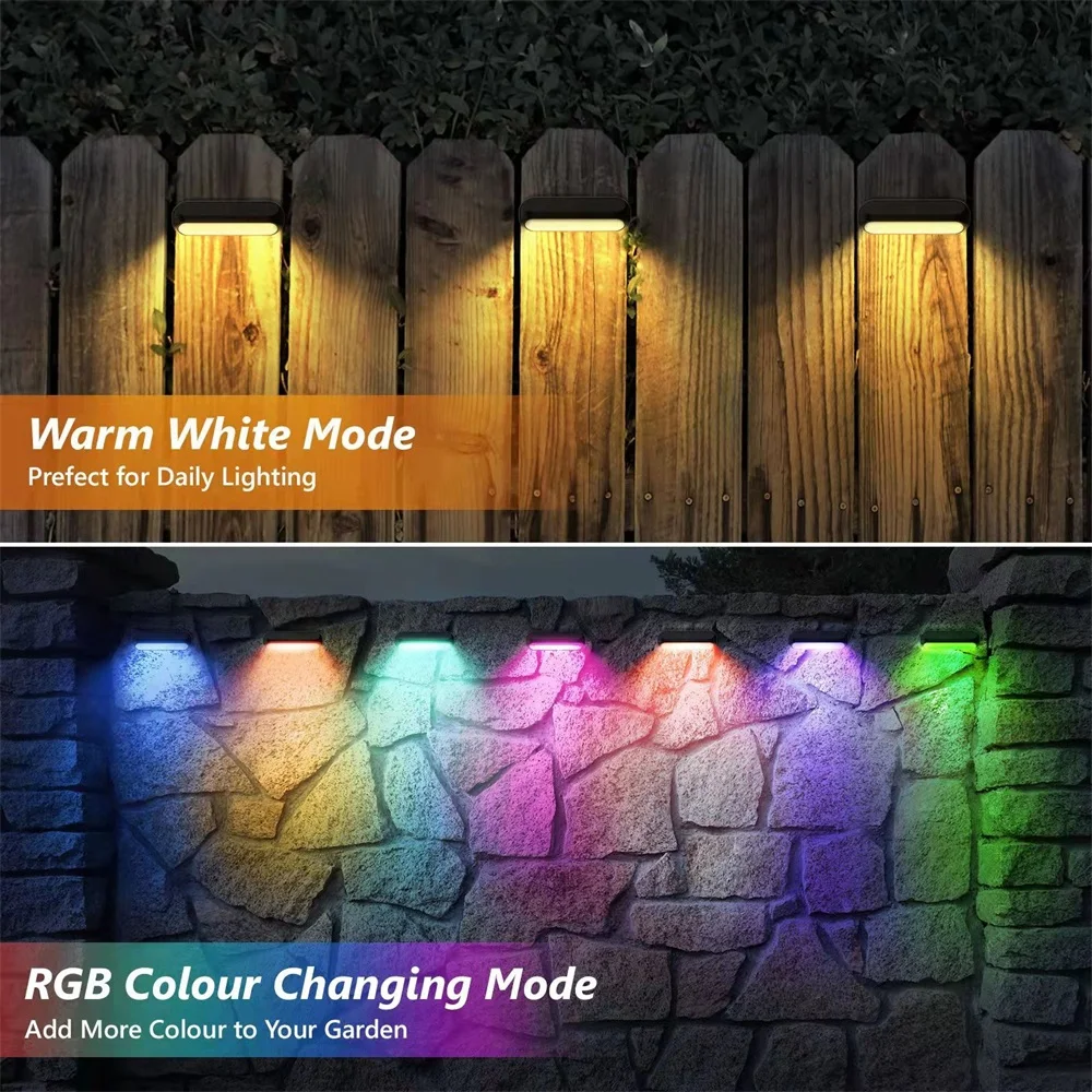 Paquete de 4 luces LED RGB alimentadas por energía Solar para decoración de jardín al aire libre, luces de valla de cubierta impermeables, lámpara de decoración de pared externa para escaleras