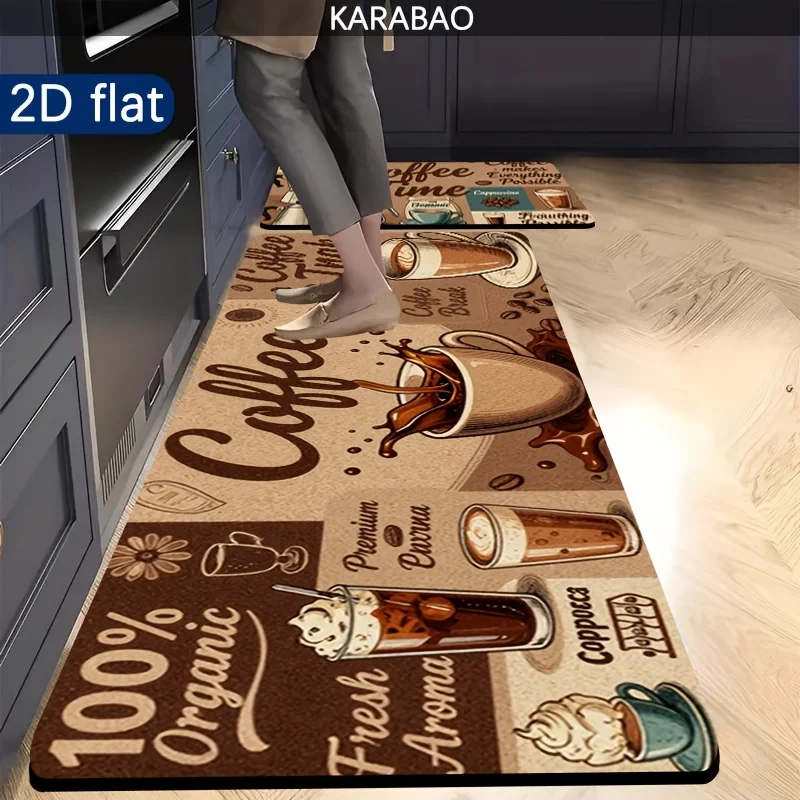Vintage Coffee Themed Kitchen Runner Rug Non-Slip Washable Long Floor Mat with Coffee Cup Bean Print for Coffee  Kitchen Laundry