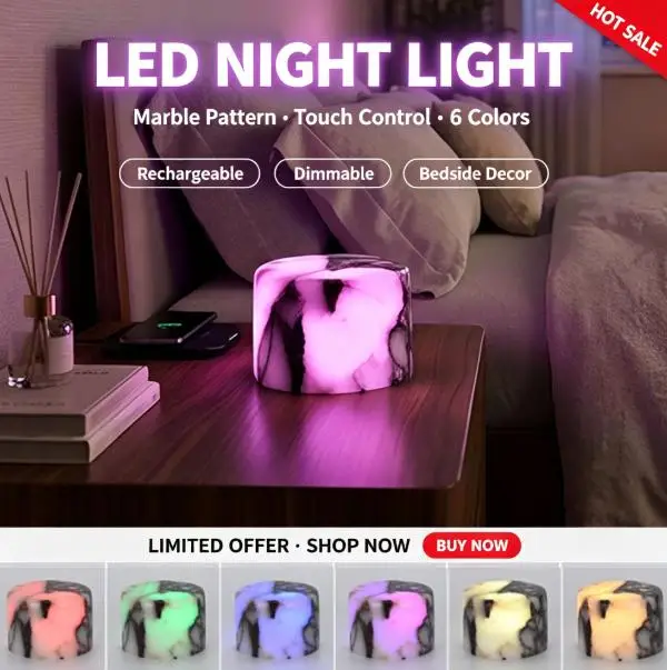 Marble Pattern LED Night Light Touch Sensor Control USB Rechargeable Dimmable 6‑Colors Bedside Table Lamp Soft Glow Desk
