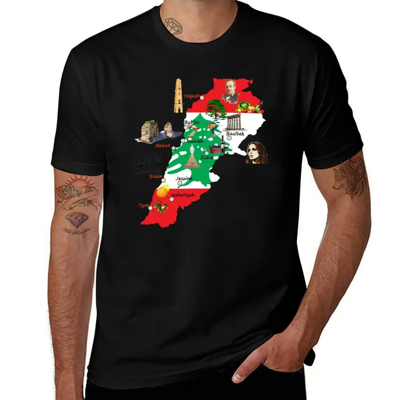 

Flag map of Lebanon, major cities names Lebanese national symbols and landmarks T-Shirt kawaii clothes men graphic t shirts