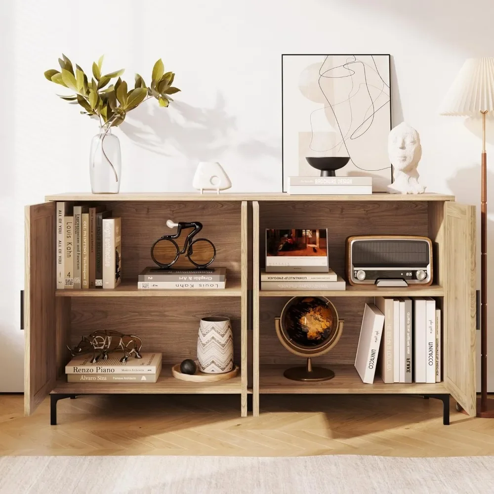 Sideboard - Kitchen Buffet Cabinet with Rattan Decorated Doors, Accent Sideboard Cabinet with Doors, Coffee Bar Cabinet Rattan