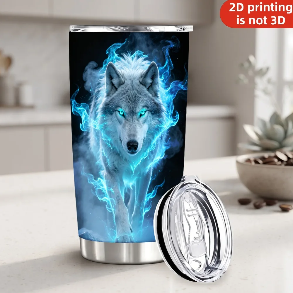 20oz Blue Fire Flame Wolf Printed Stainless Steel Tumbler with Lid and Straw, Cool Frost Mystic Wolf Spirit Dark Fantasy Vacuum Insulated Travel Coffee Mug Gifts for Men