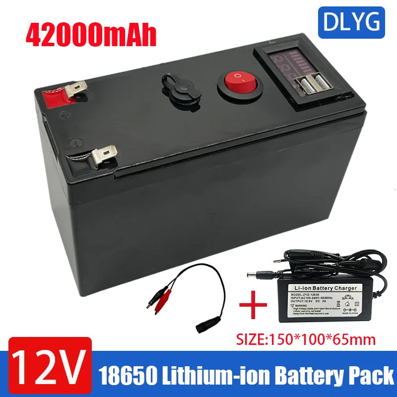 

12V Lithium Battery Pack, 42Ah, 18650, Rechargeable, for Solar Energy, Electric Vehicle, LED Light Speaker 12.6V/3A Charger