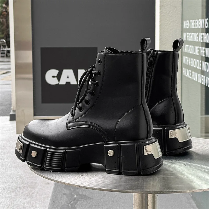 

2025 Men's Boots British Style Niche Heightening Locomotive Couple High-top Tooling Genuine Leather Shoes