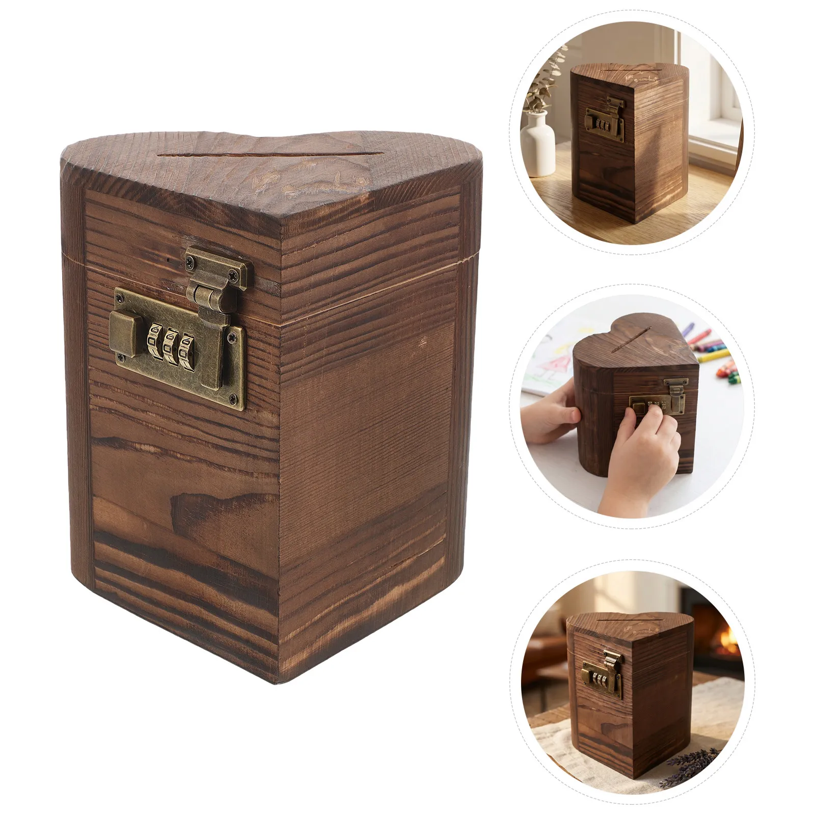 2Pcs Heart Shape Wooden Money Box with Mechanical Password Lock Cash Saving Piggy Bank for Adults Desk Wooden Heart Piggy Bank