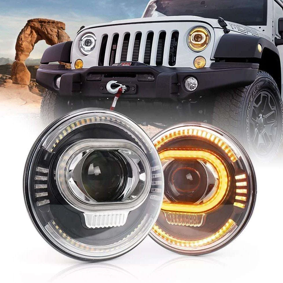 POVTOR 7 Inch Round LED Headlight with Low Beam Amber White DRL Turn Signal IP67 Waterproof for Jeep JK Land Rover 90/110
