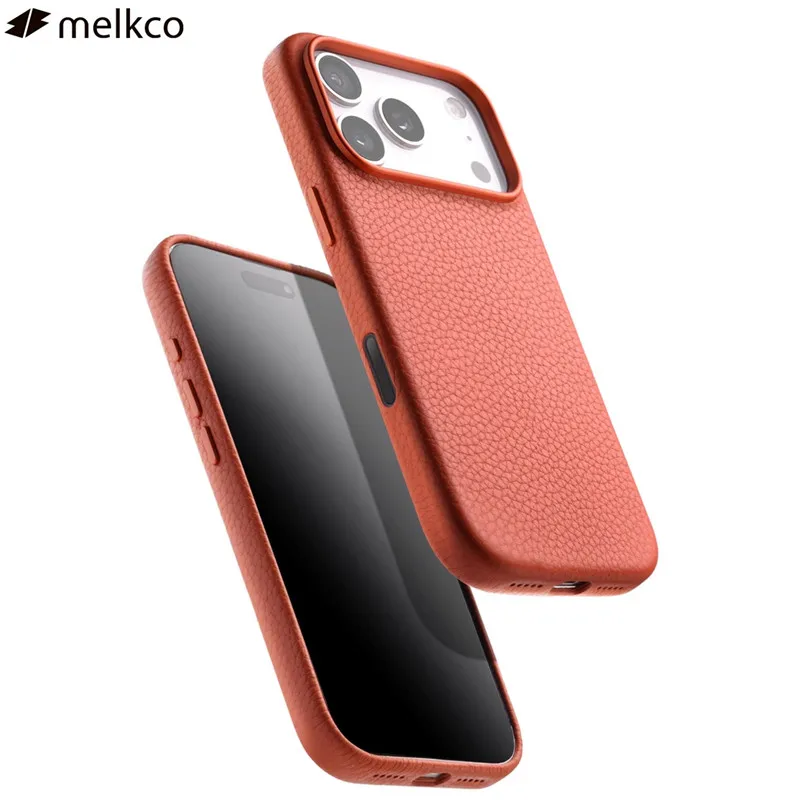 

Чехол Melkco с кнопкой AI из натуральной кожи для iPhone 17 Pro Max Air, верхний слой из воловьей кожи, металлическое кольцо для объектива, магнитный чехол для зарядки