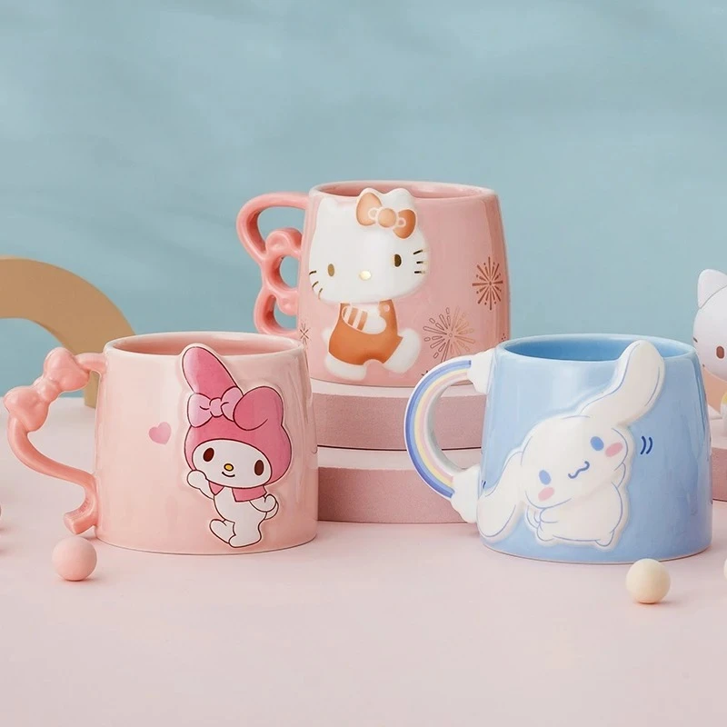 For Sanrio 370ML Mugs Ceramic Coffee Cup for Hello Kitty& Kuromi Pattern Cute Couple Cup Household Drinking Water Cup for Girl