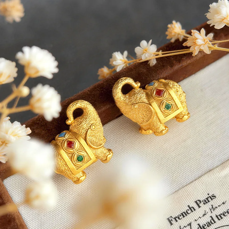 Master Meng with the same ancient gold drawing Jiji elephant necklace new sand gold enamel color small elephant 9999gold
