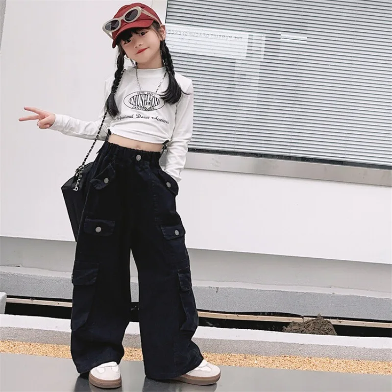 Teen Girls Cargo Pants Loose Casual Fashion Children Trousers Pockets Design Trendy Cool Streetwear Kids Pants 6 8 10 12 14 Year