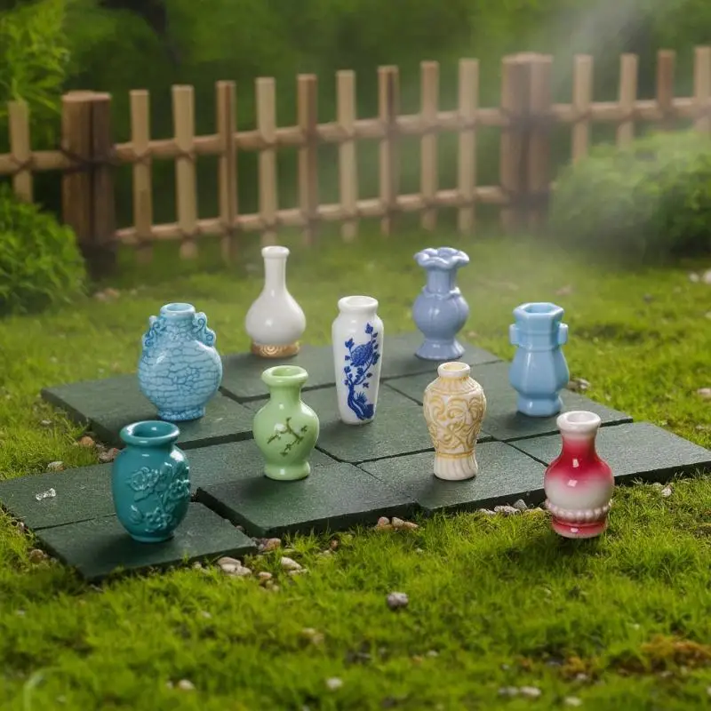 9Pcs Dollhouse Mini Antique Vase Exquisite Resin Ornament Vintage Decor for Miniature Hobby Collection