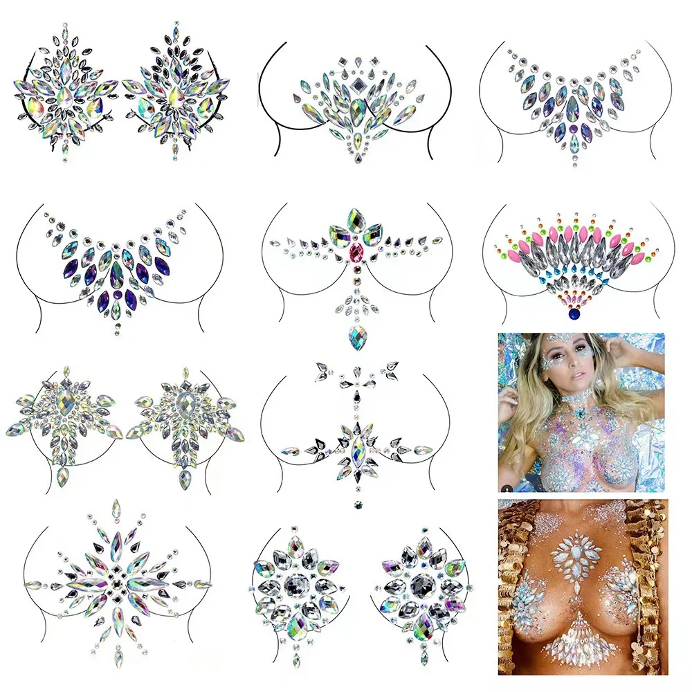 Full Rhinestone Nipple Cover Pasties Reusable Breast Pads Diamond Body Tape Tattoo Stickers Festival Halloween Party Accessories