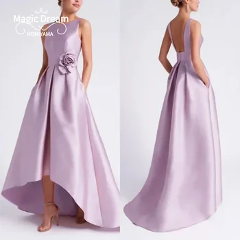 Maßgeschneiderte rückenfreie ärmellose Ballkleider, elegantes einfaches Abendkleid, Vestidos, Blumen-Satin, formelle Hochzeit, Party, Geburtstag