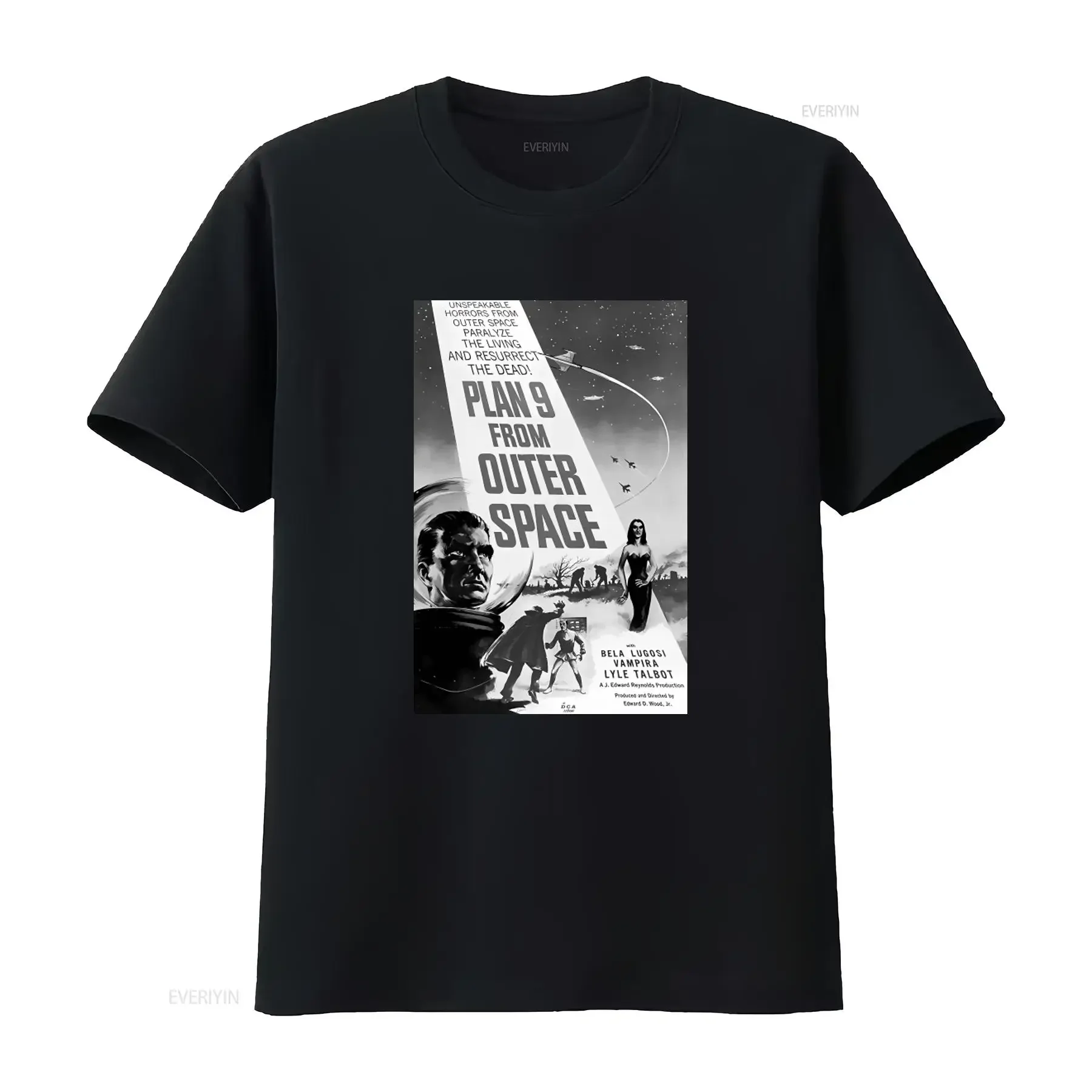 Plan 9 From Outer Space Black White Movie Poster T Shirt Retro Sci Fi Horror Design vintage Washed Stylish streetwear homme