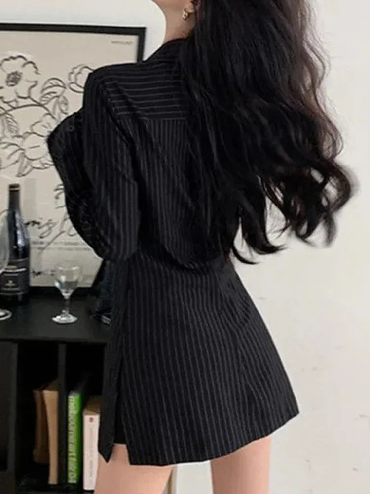 Ladies Black Elegant Versatile Slim Fit Top Summer Korean Fashion Beauty Ladies Retro Casual Stripe Sexy Long Sleeved Shirt