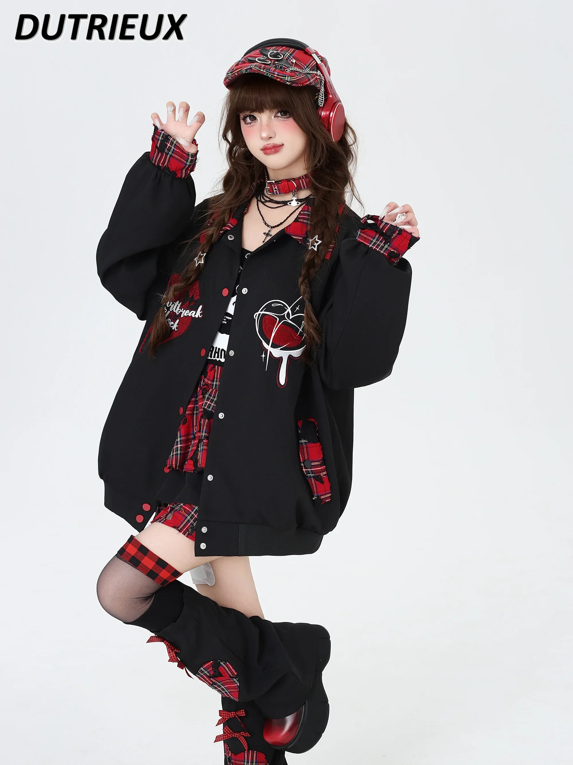 

Japanese Style Embroidery Plaid Stitching Baseball Jacket Autumn New Polo Collar Long Sleeve Loose Sweet Girl Easy Matching Coat