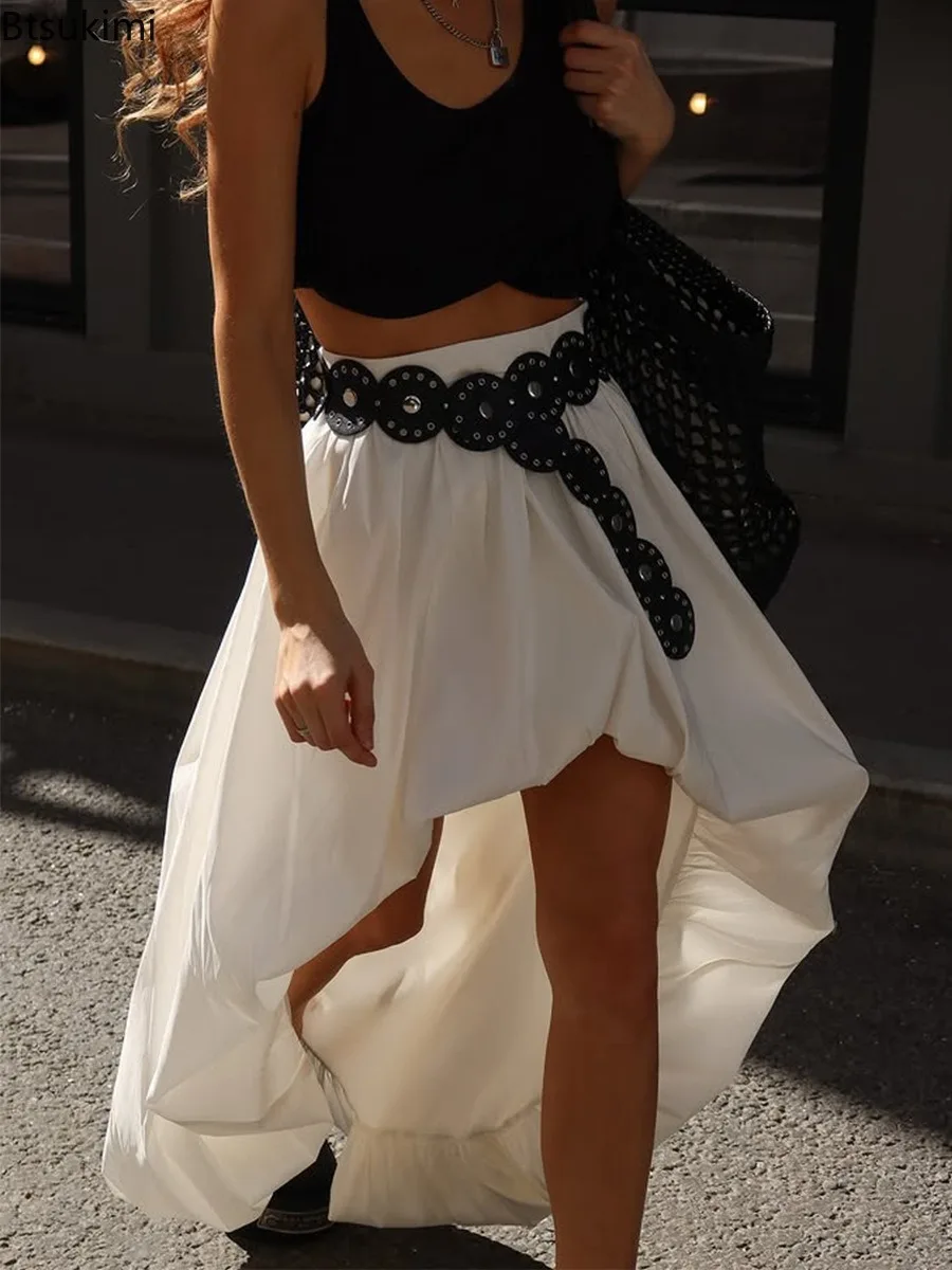 Women Cotton Irregular Midi Skirt Spring Summer New Ruched Bud Design Half Skirt Fashion Loose A-Line Casual Streetwear Skirt
