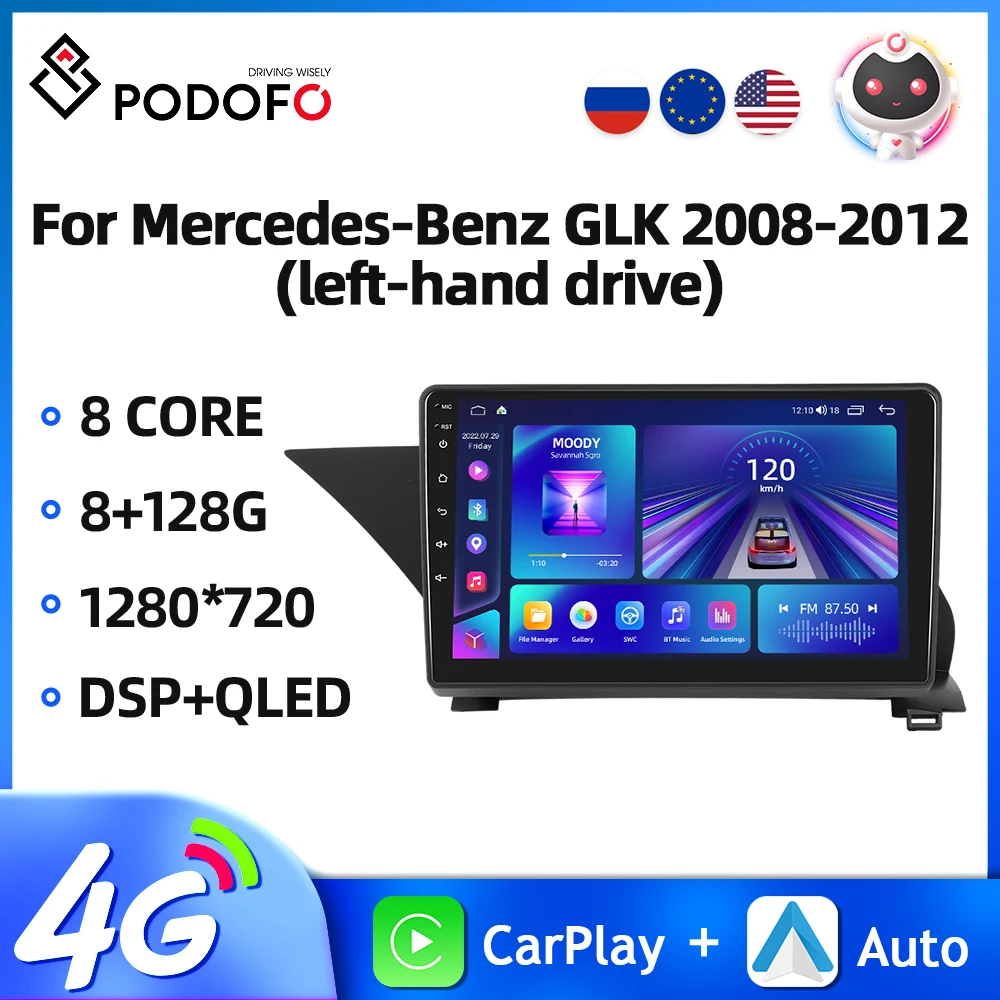 Podofo 9'' Android Car Radio For Mercedes-Benz GLK 2008-2012 2Din Multimedia Player Carplay Android Auto WIFI DSP Car Stereo 