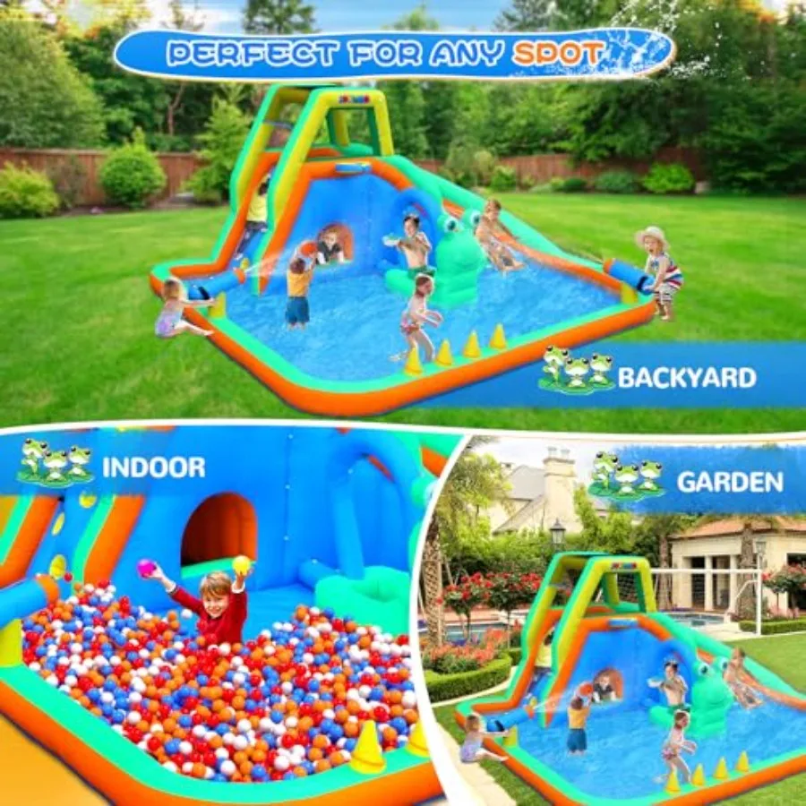 Backyard inflatable water slide park for kids aged 3-8: frog-themed PVC material green and yellow 8-in-1 with sprinkler climbin