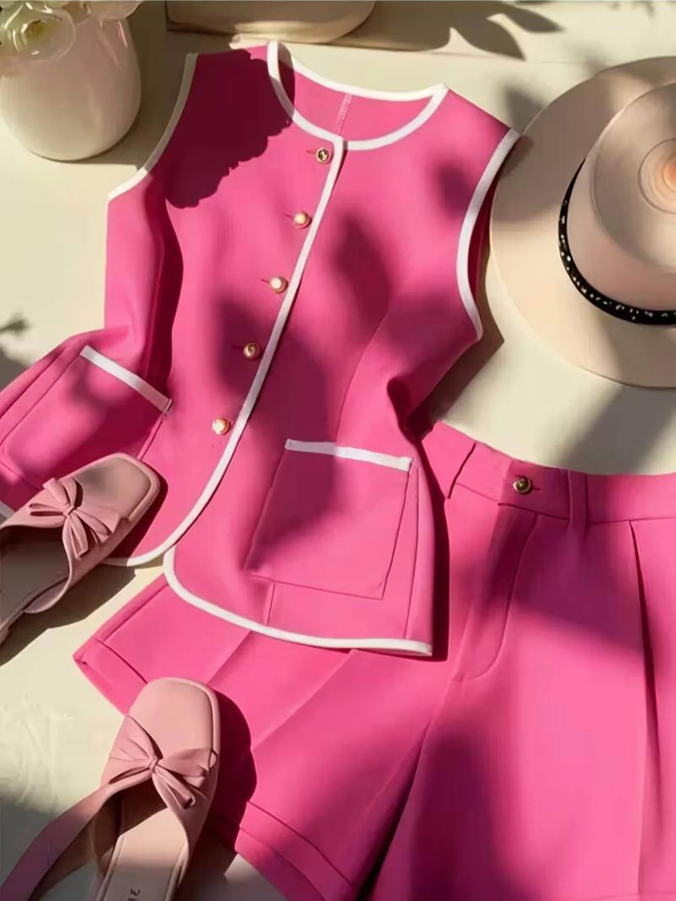 White Trim Button Front Sleeveless Vest And High Waist Shorts Two Piece Outfit Set Elegant Daily Matching Suit For Women
