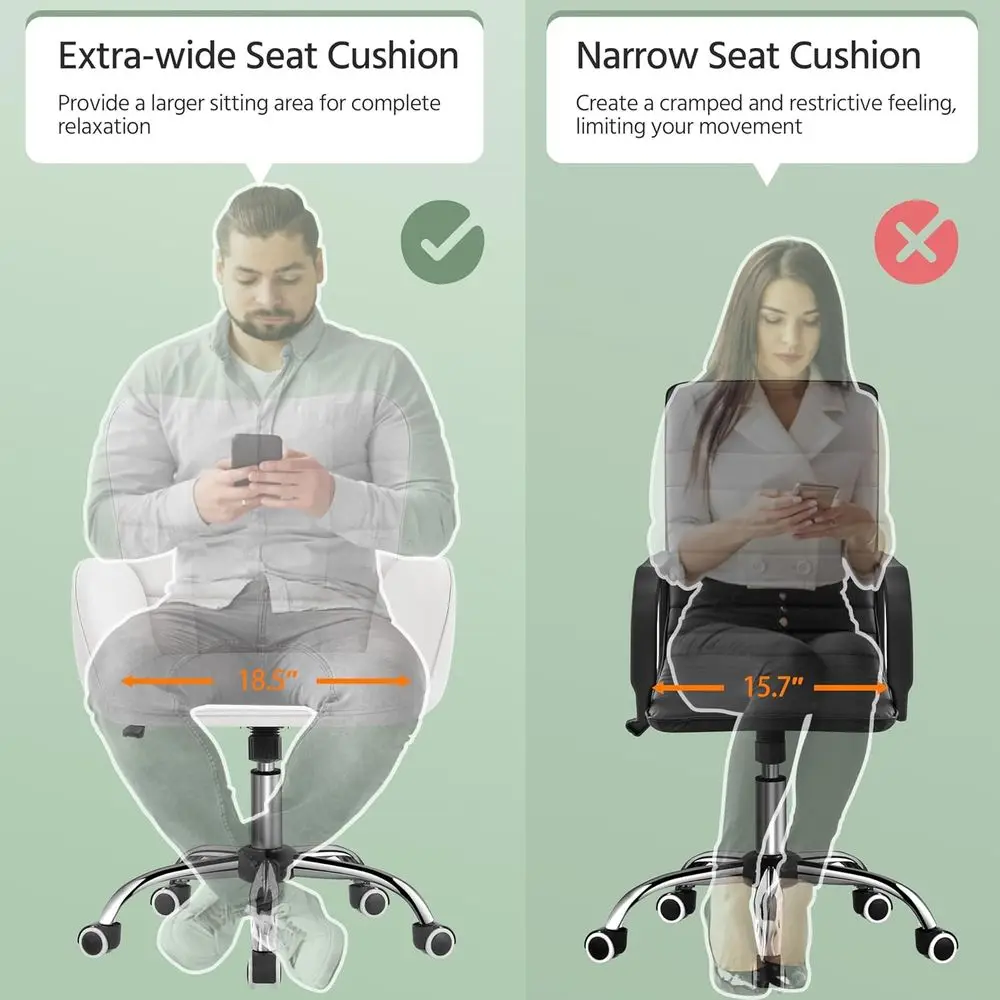 Ergonomic Adjustable Makeup Chair with Padded Armrests, Big Seat for Office, Bedroom, Living Room, White | Wide foam seat and ea view 5