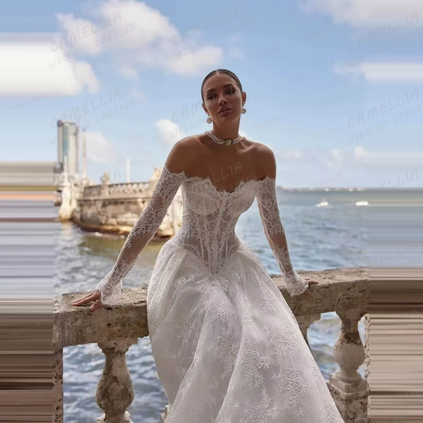 Luxury Wedding Dresses Women's A Line Lace Sweetheart Off Shoulder Long Sleeve Bridal Gowns Vestidos De Novia Customized 2027