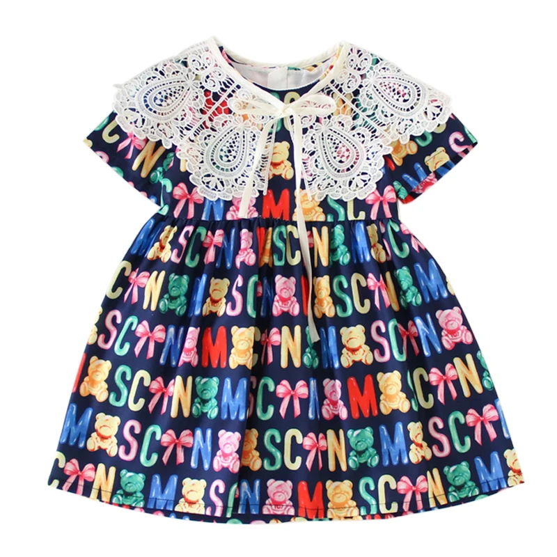 

Summer 2024 Girls Dress Girls Cute Dress Strap Fashion Bear Letter Print Designer Layered Evening Party Dresses Vestidos 3-7age