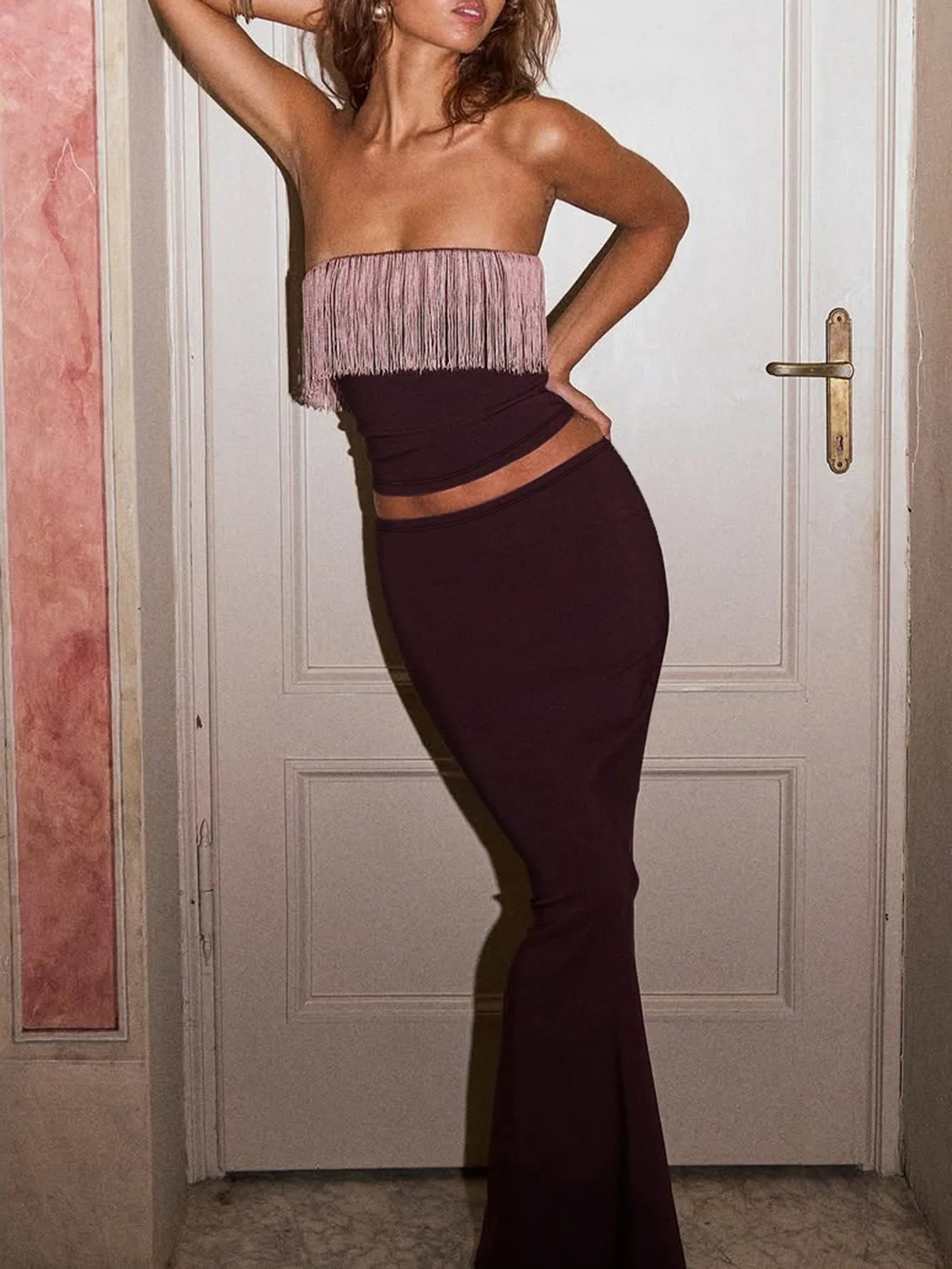 

Elegant Tassel Corset Tops+Long Skirts Two Pieces Matching Set Women Sexy Strapless Backless High Waist Party Evening Dress Suit