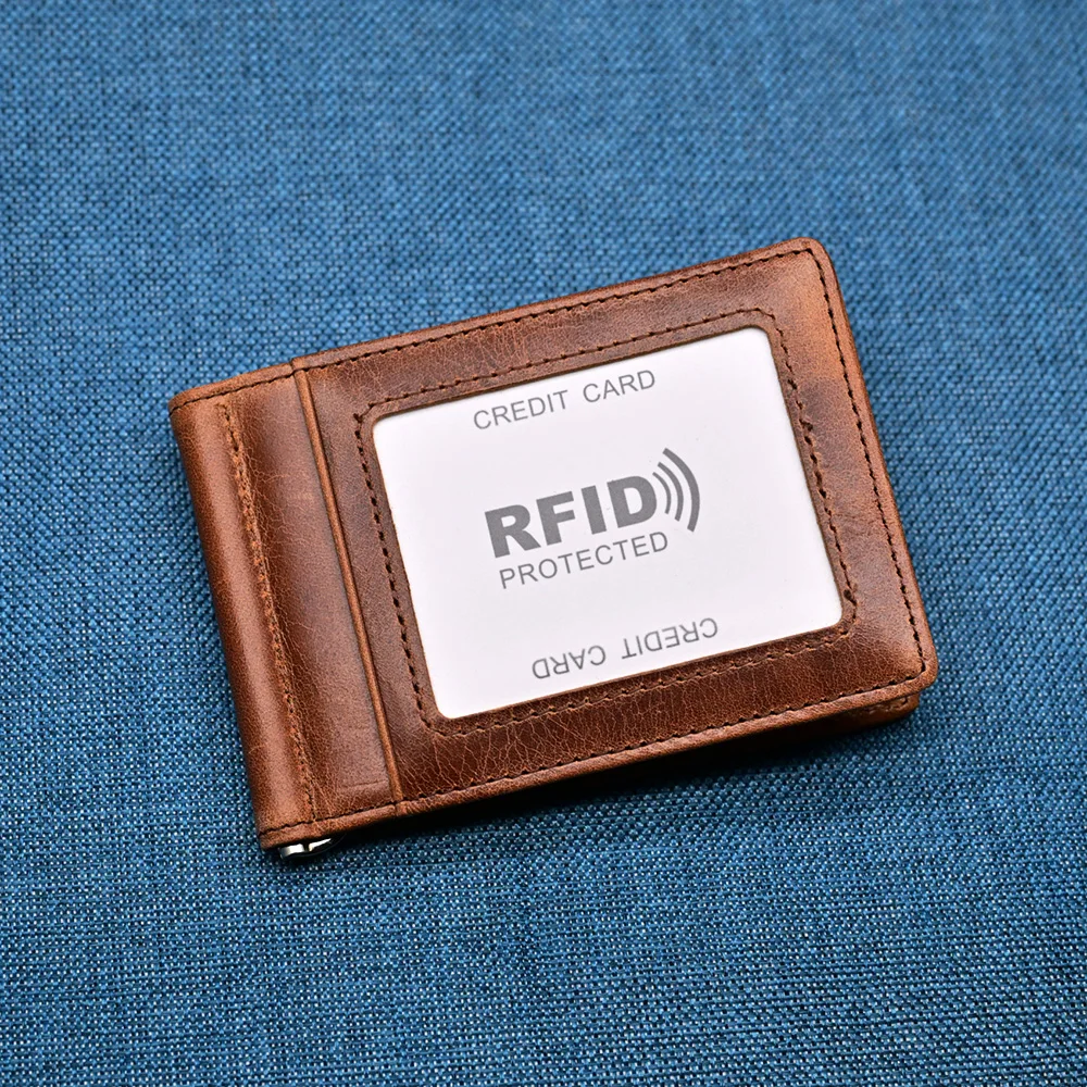 Genuine Leather Mens Wallet Money Clip Slim Bifold Credit Card Holder with Zipper Coin Pocket Vintage Male Cash Clamp Purse
