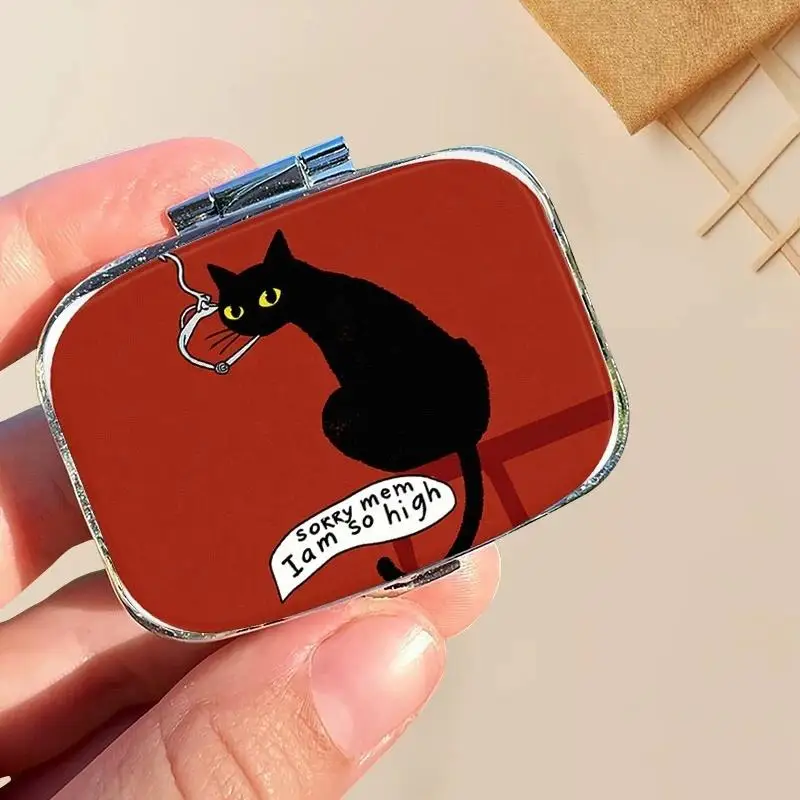 Funny Black Cat Metal Pill Box 2 Grid Portable Mini Medicine Storage Case for Student Daily Use