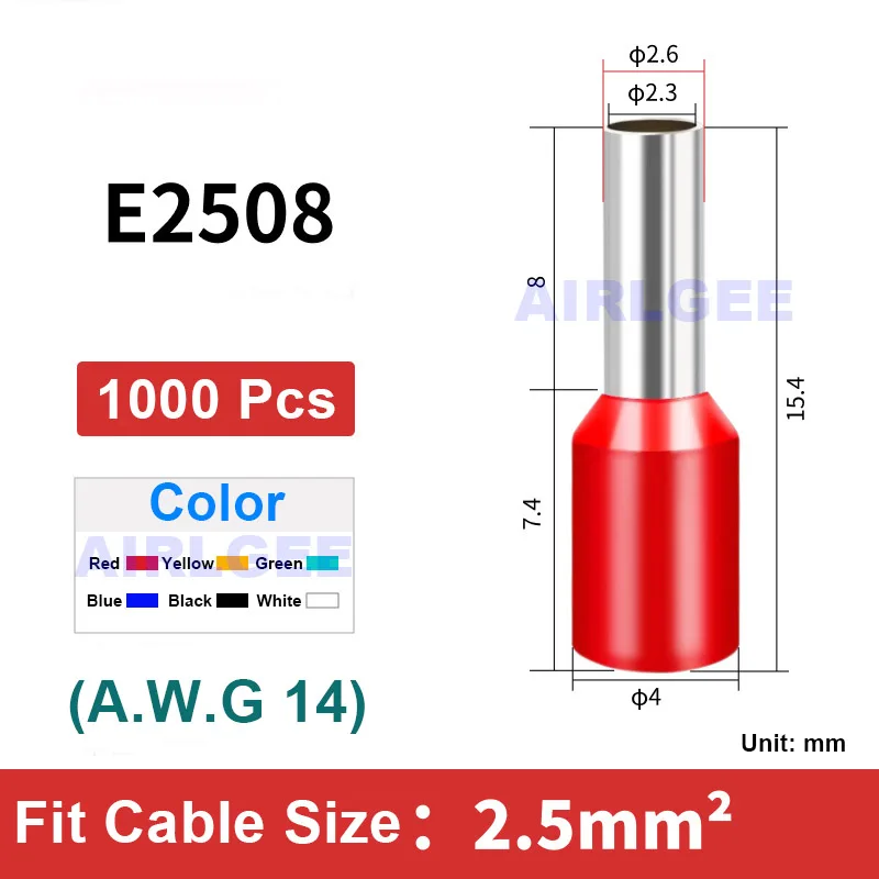 1000pcs E2508 Red Green Yellow Blue White Pre-insulated Tube Terminals Cable Lug for 14 AWG Wires