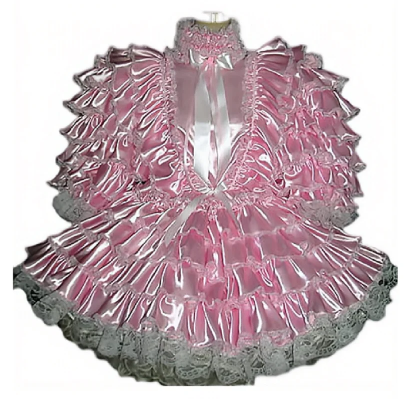 

New Sissy Lockable Pink Satin Adult Lace Ruffle Polygon Party Dress Maid Costume Customization