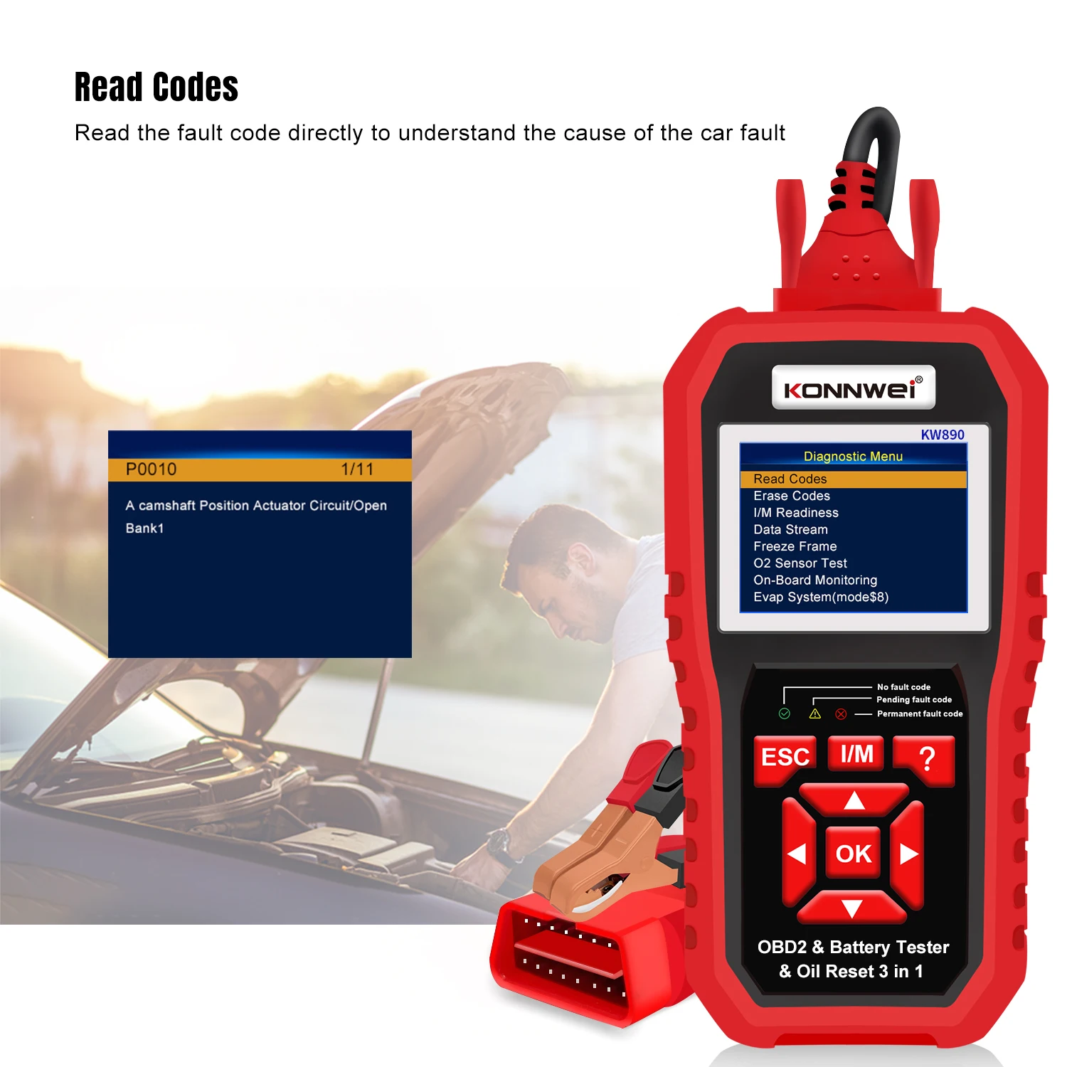 KONNWEI KW870 KW880 KW890 12V Car Battery Tester Analizer Auto Diagnostic Tool Battery Match 3 in 1 Car OBD2 Scanner Code Reader