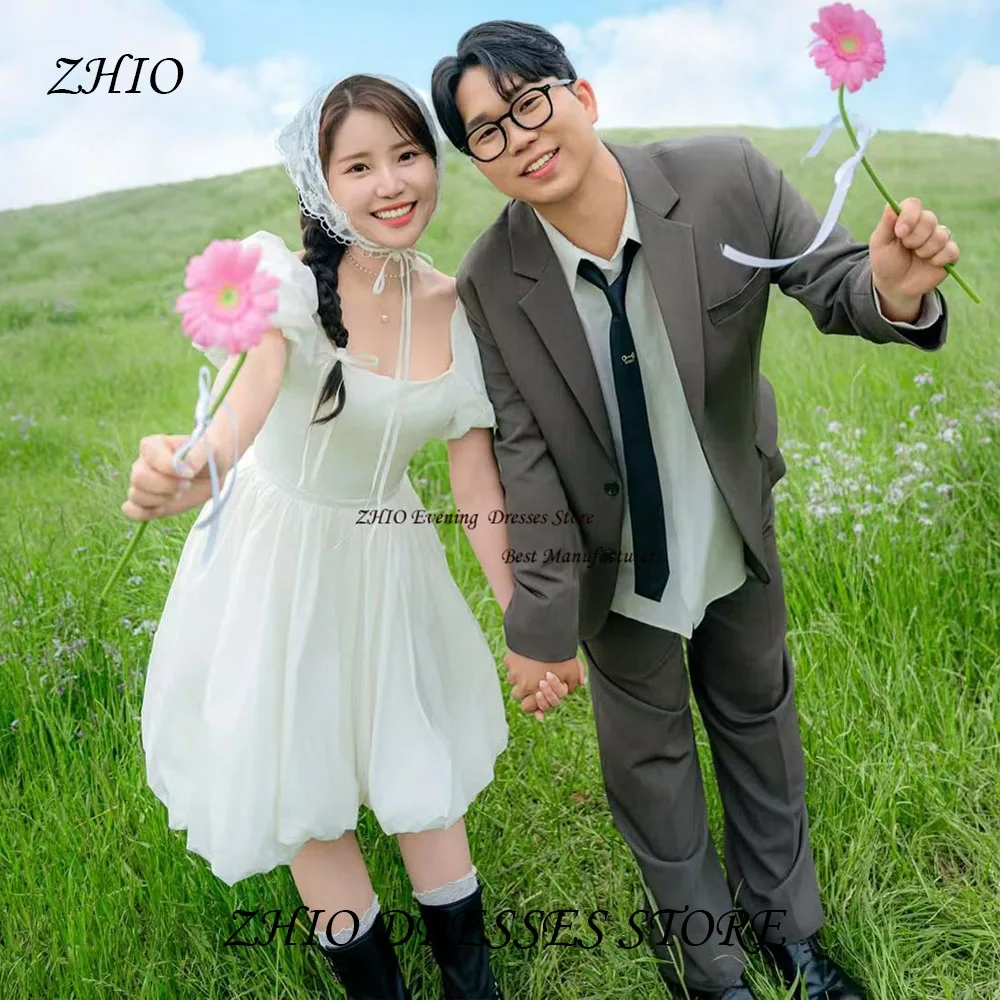ZHIO Pastrol Tulle O-Neck Knee-Length Korean Wedding Dress Photo Shoot A Line Puff Short Sleeve Formal Bride Gowns Customized