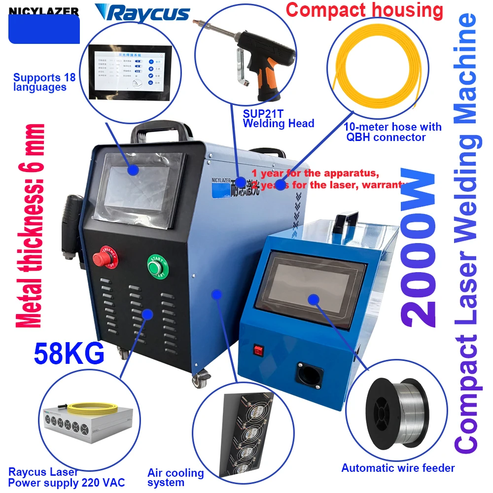 NICYLAZER Air-Cooled Handheld Laser Welder, 3-in-1 Portable Fiber Laser for Cutting Cleaning Rust Removal, 800W-2000W Welding Ma