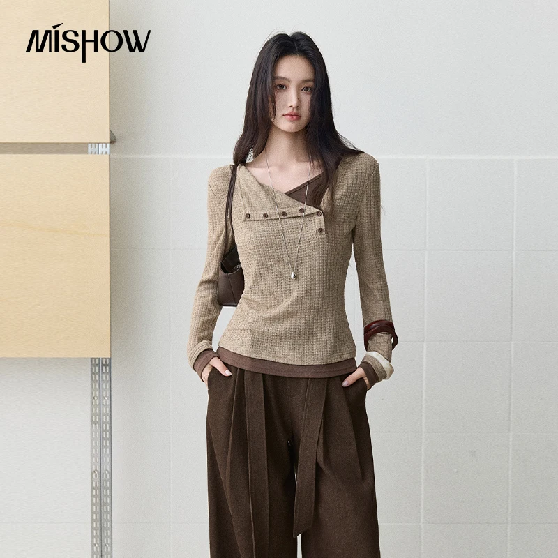 MISHOW Women's Long Sleeve Tops Mock Two-Piece Color Block Button Detail Pullover 2026 Autumn Daily Commuter Clothes MXF45T3203