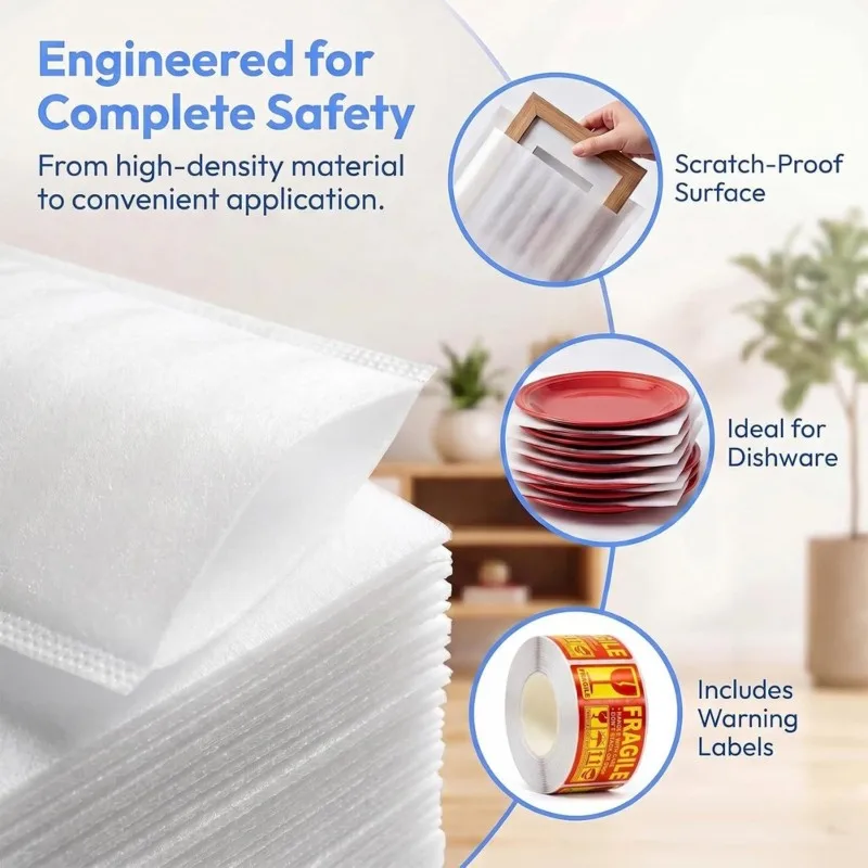 AT82-100Pcs Pearl Cotton PE Foam Bags Shockproof Packaging Pouches For Moving Shipping Fragile Items With Labels