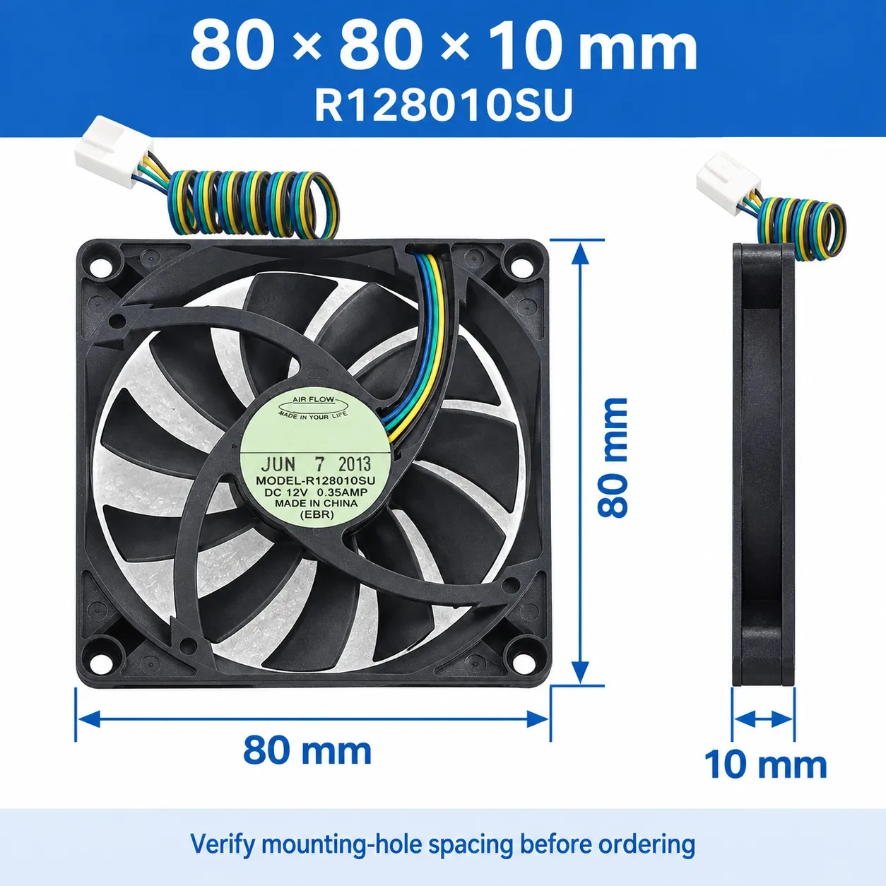 R128010SU Fan 80x80x10mm 8010 4-wire Temperature Control 12V 0.35A Slim Cooling for EVERFLOW