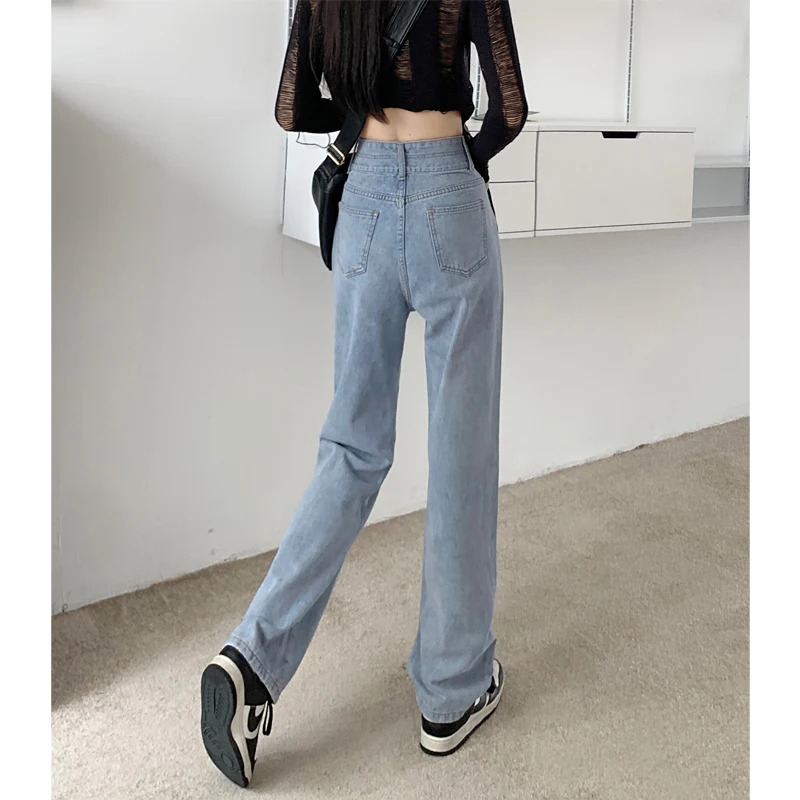 ハイウエストルーズフィットストレートレッグジーンズ、洋梨体型の女性向けプラスサイズ、秋の新作、スリム効果のあるワイドレッグパンツ