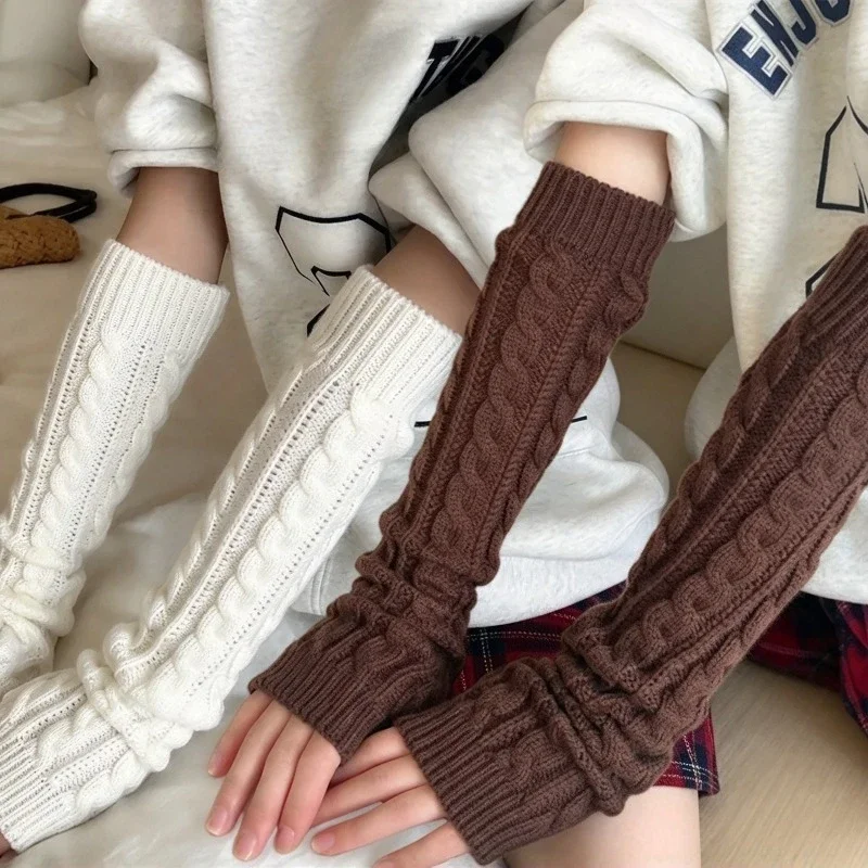 Autumn Winter Long Striped Knitted Fingerless Gloves Elastic Arm Sleeve Covers Fashion Decorative Hand Warmers for Women Gloves