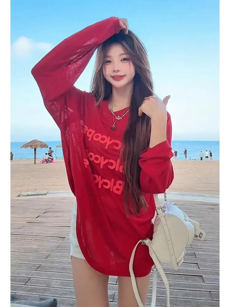 Red Summer New Long Sleeve Women's Cover up Shirt Loose Thin Unique Beautiful Top Dopaamine Fashionable Sun Protection Clothes