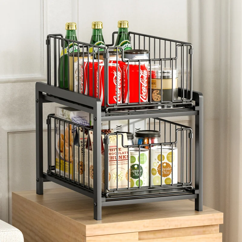 

2-tier pull-out cabinet organizer with soft-close slides, space-saving metal under-sink storage rack, black wire baskets